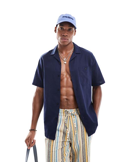 ASOS DESIGN Relaxed Linen Blend Shirt With Revere Collar In Navy