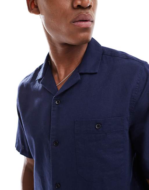 ASOS DESIGN Relaxed Linen Blend Shirt With Revere Collar In Navy