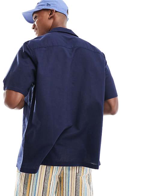 ASOS DESIGN Relaxed Linen Blend Shirt With Revere Collar In Navy