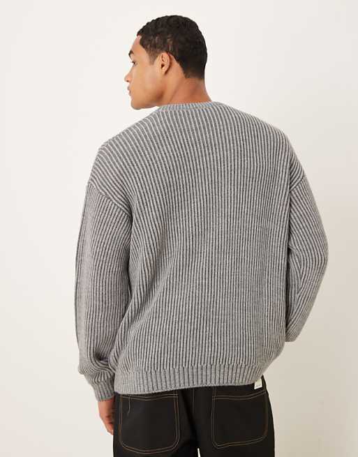 ASOS DESIGN Relaxed Long Sleeve Knitted Crew Neck Stripe Jumper In Charcoal