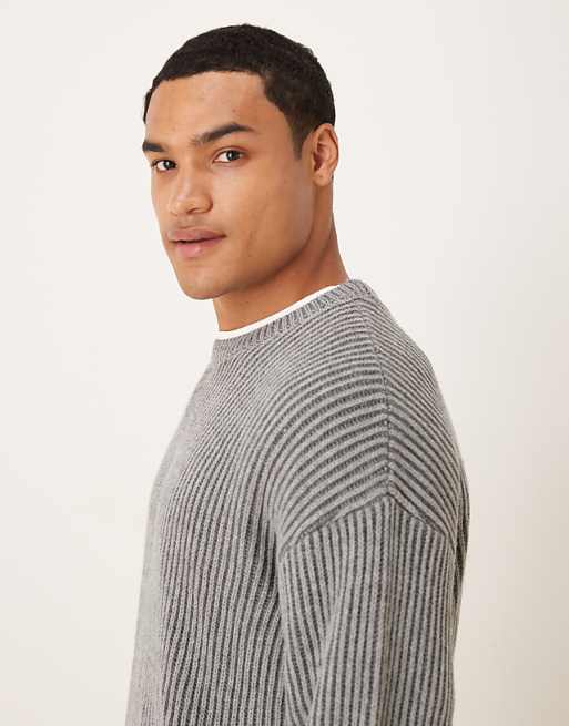 ASOS DESIGN Relaxed Long Sleeve Knitted Crew Neck Stripe Jumper In Charcoal