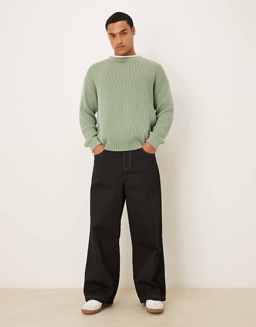ASOS DESIGN Relaxed Long Sleeve Knitted Crew Neck Stripe Jumper In Khaki