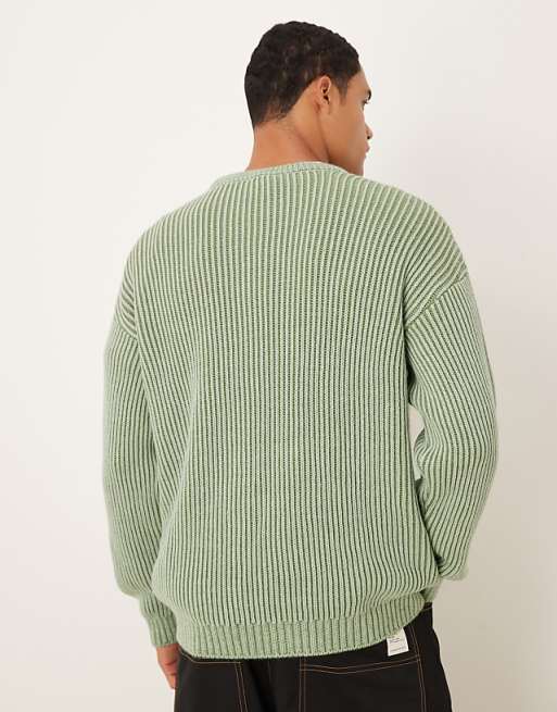 ASOS DESIGN Relaxed Long Sleeve Knitted Crew Neck Stripe Jumper In Khaki