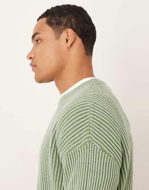 ASOS DESIGN Relaxed Long Sleeve Knitted Crew Neck Stripe Jumper In Khaki