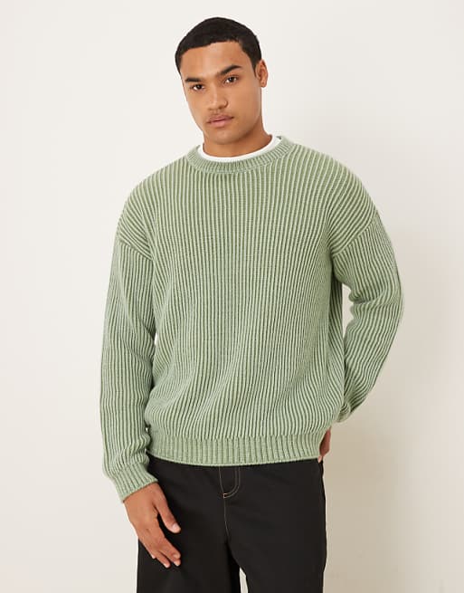 ASOS DESIGN relaxed long sleeve knitted crew neck stripe jumper in khaki