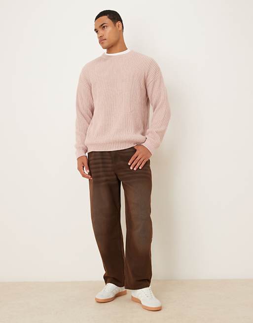 ASOS DESIGN Relaxed Long Sleeve Knitted Crew Neck Stripe Jumper In Pink