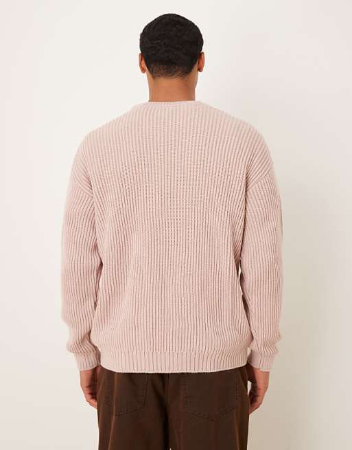 ASOS DESIGN Relaxed Long Sleeve Knitted Crew Neck Stripe Jumper In Pink