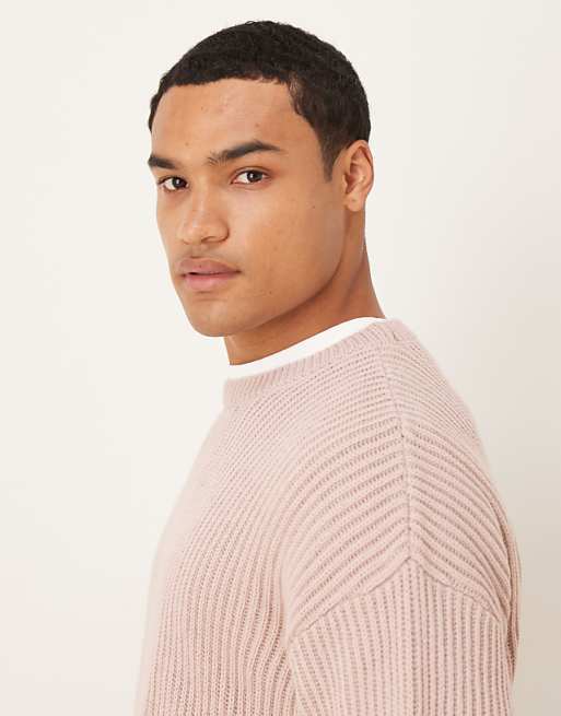 ASOS DESIGN Relaxed Long Sleeve Knitted Crew Neck Stripe Jumper In Pink