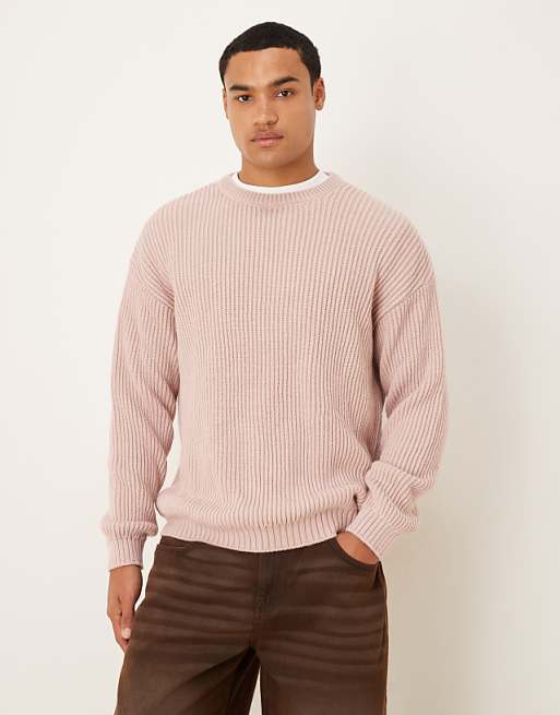 ASOS DESIGN relaxed long sleeve knitted crew neck stripe jumper in pink