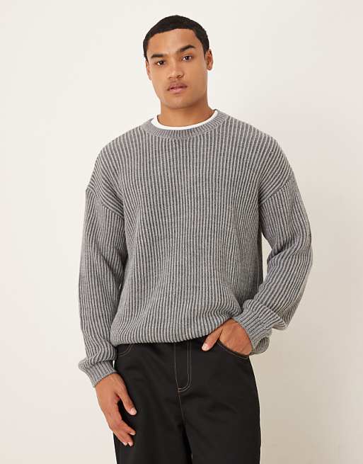 ASOS DESIGN relaxed long sleeve knitted crew neck stripe jumper in charcoal