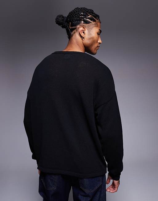 ASOS DESIGN Relaxed Long Sleeve Knitted Crew Tee In Black