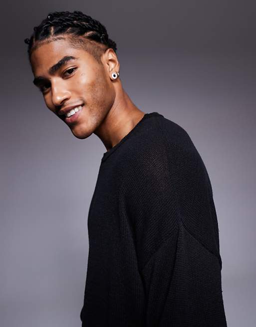 ASOS DESIGN Relaxed Long Sleeve Knitted Crew Tee In Black