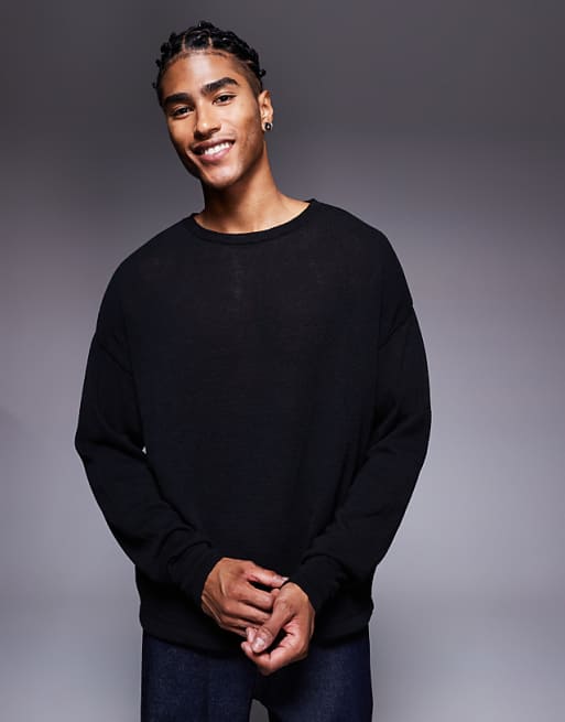 ASOS DESIGN relaxed long sleeve knitted crew tee in black