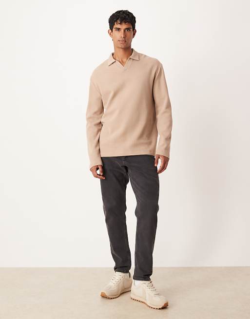 ASOS DESIGN Relaxed Long Sleeve Polo In Beige Waffle