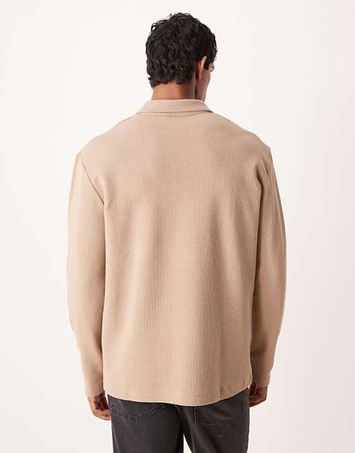 ASOS DESIGN Relaxed Long Sleeve Polo In Beige Waffle