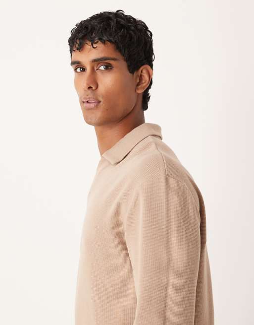 ASOS DESIGN Relaxed Long Sleeve Polo In Beige Waffle