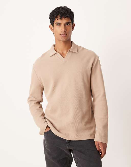 ASOS DESIGN relaxed long sleeve polo in beige waffle