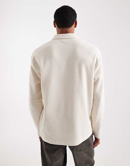 ASOS DESIGN Relaxed Long Sleeve Polo In Cream Waffle