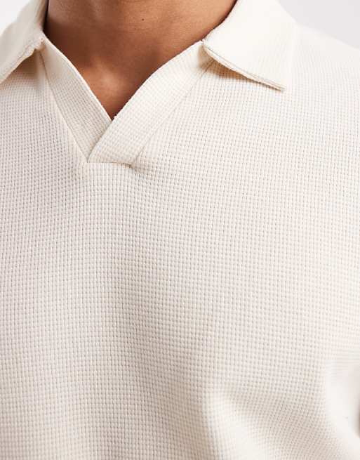 ASOS DESIGN Relaxed Long Sleeve Polo In Cream Waffle
