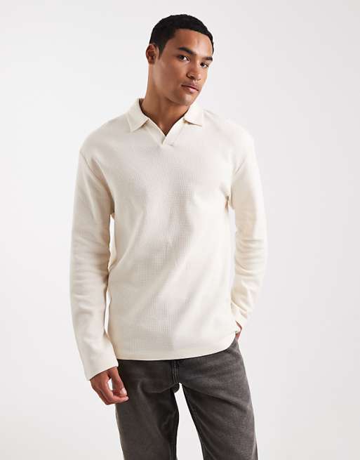 ASOS DESIGN relaxed long sleeve polo in cream waffle