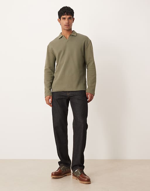 ASOS DESIGN Relaxed Long Sleeve Polo In Khaki Waffle