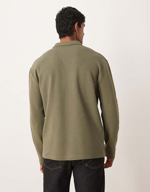 ASOS DESIGN Relaxed Long Sleeve Polo In Khaki Waffle