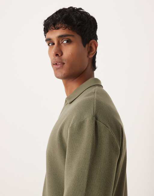 ASOS DESIGN Relaxed Long Sleeve Polo In Khaki Waffle