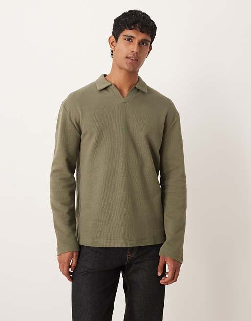 ASOS DESIGN relaxed long sleeve polo in khaki waffle