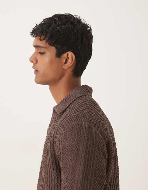 ASOS DESIGN Relaxed Long Sleeve Polo With V- Neck Brown Texture