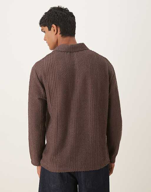 ASOS DESIGN Relaxed Long Sleeve Polo With V- Neck Brown Texture