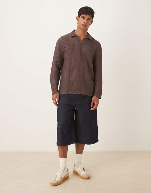 ASOS DESIGN Relaxed Long Sleeve Polo With V- Neck Brown Texture