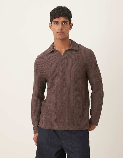 ASOS DESIGN relaxed long sleeve polo with v- neck brown texture