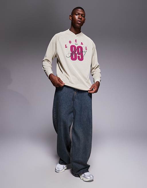 ASOS DESIGN Relaxed Long Sleeve Raglan T-shirt With Number Graphic In Beige Airtex