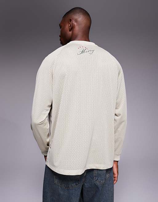 ASOS DESIGN Relaxed Long Sleeve Raglan T-shirt With Number Graphic In Beige Airtex