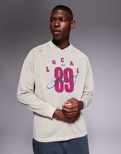 ASOS DESIGN relaxed long sleeve raglan t-shirt with number graphic in beige airtex