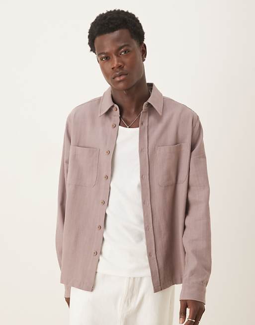 ASOS DESIGN relaxed long sleeve shirt with pockets in brown