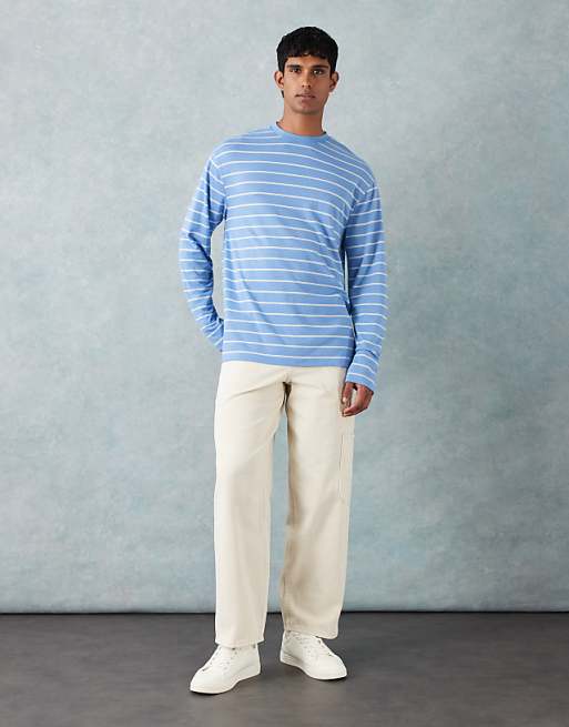 ASOS DESIGN Relaxed Long Sleeve T-shirt In Blue And White Stripe Texture