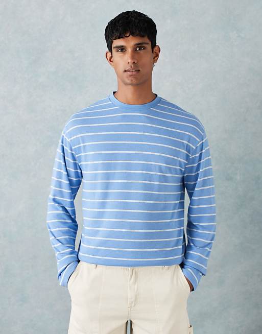 ASOS DESIGN relaxed long sleeve t-shirt in blue and white stripe texture