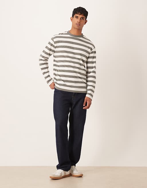 ASOS DESIGN Relaxed Long Sleeve T-shirt In Khaki And White Stripe