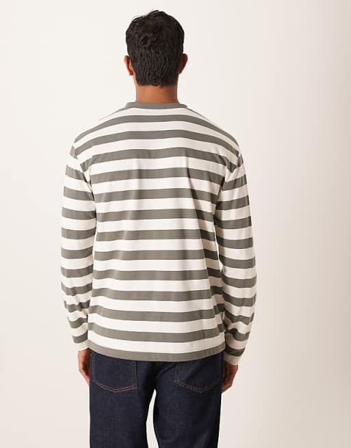 ASOS DESIGN Relaxed Long Sleeve T-shirt In Khaki And White Stripe