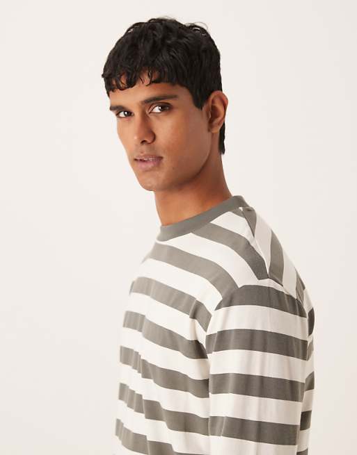 ASOS DESIGN Relaxed Long Sleeve T-shirt In Khaki And White Stripe