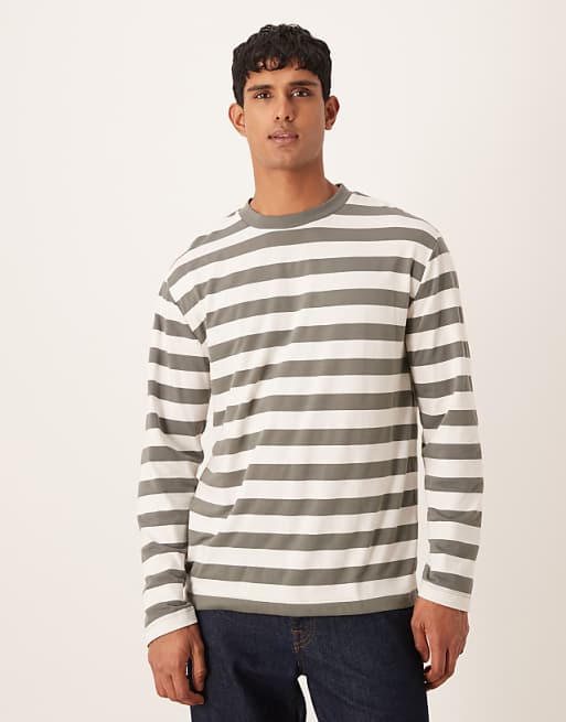 ASOS DESIGN relaxed long sleeve t-shirt in khaki and white stripe