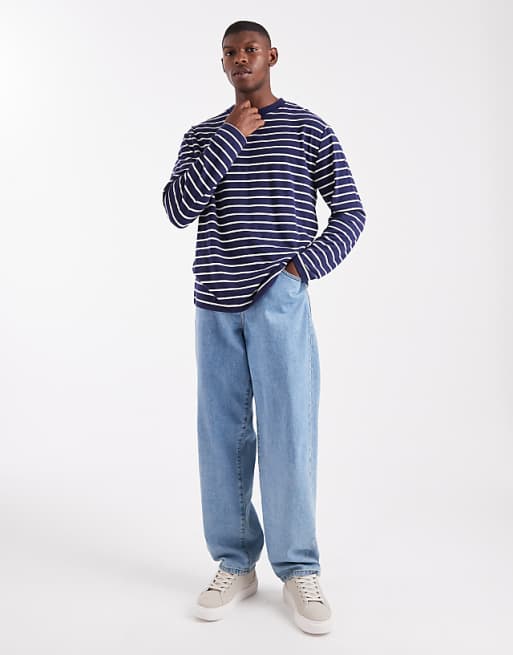 ASOS DESIGN Relaxed Long Sleeve T-shirt In Navy And White Stripe