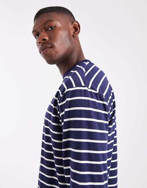 ASOS DESIGN Relaxed Long Sleeve T-shirt In Navy And White Stripe