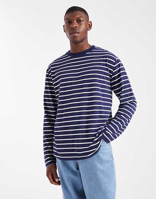 ASOS DESIGN relaxed long sleeve t-shirt in navy and white stripe