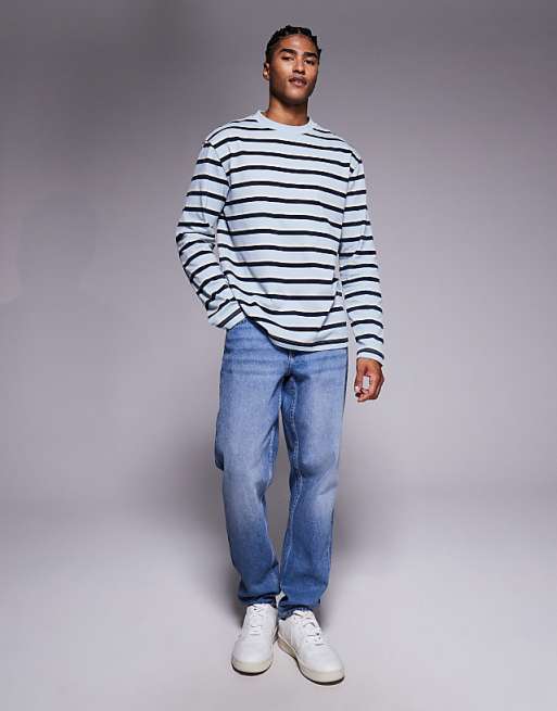 ASOS DESIGN Relaxed Long Sleeve T-shirt In Washed Blue And Navy Stripe