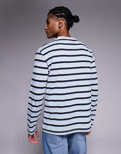 ASOS DESIGN Relaxed Long Sleeve T-shirt In Washed Blue And Navy Stripe
