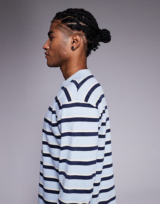 ASOS DESIGN Relaxed Long Sleeve T-shirt In Washed Blue And Navy Stripe