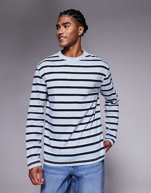 ASOS DESIGN relaxed long sleeve t-shirt in washed blue and navy stripe