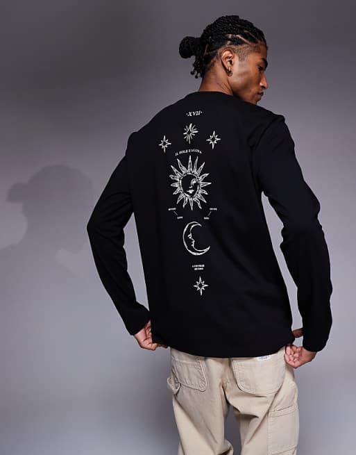 ASOS DESIGN relaxed long sleeve t-shirt with celestial spine graphic in black